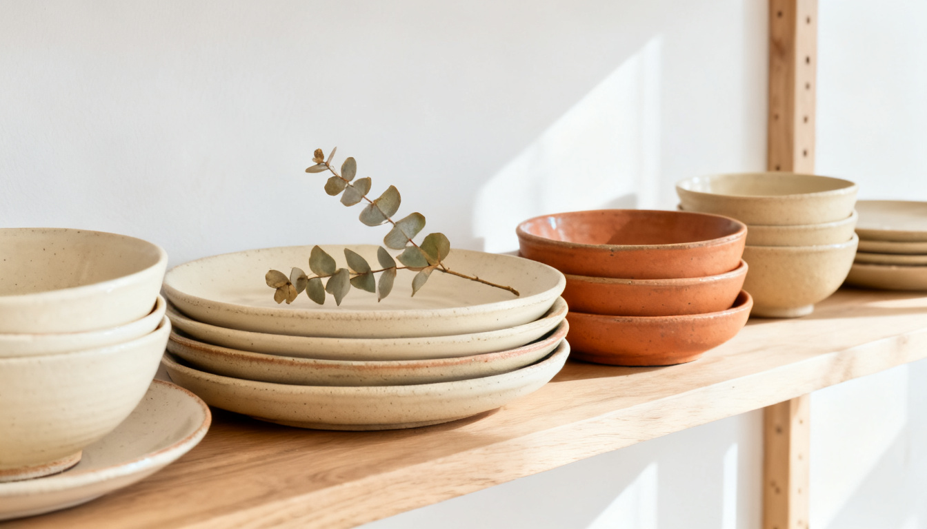 Plats i bols de ceràmica artesana en tons crema i terracota sobre una lleixa de fusta clara