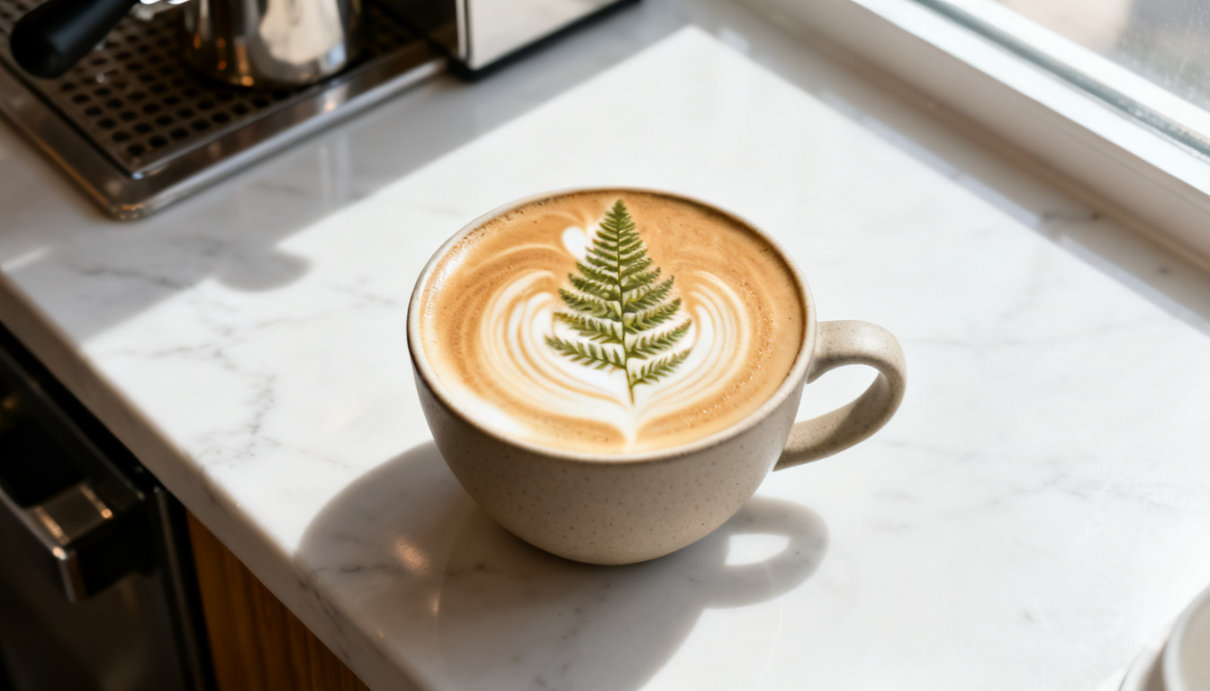 Flat white amb art de fulla de falguera en una tassa de ceràmica sobre marbre