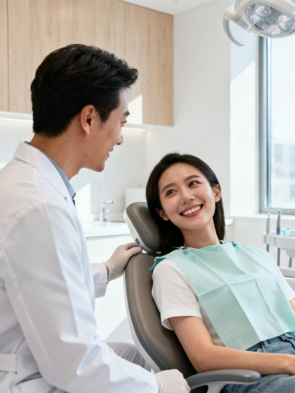 Dentista explicant l'ortodòncia invisible a una pacient somrient