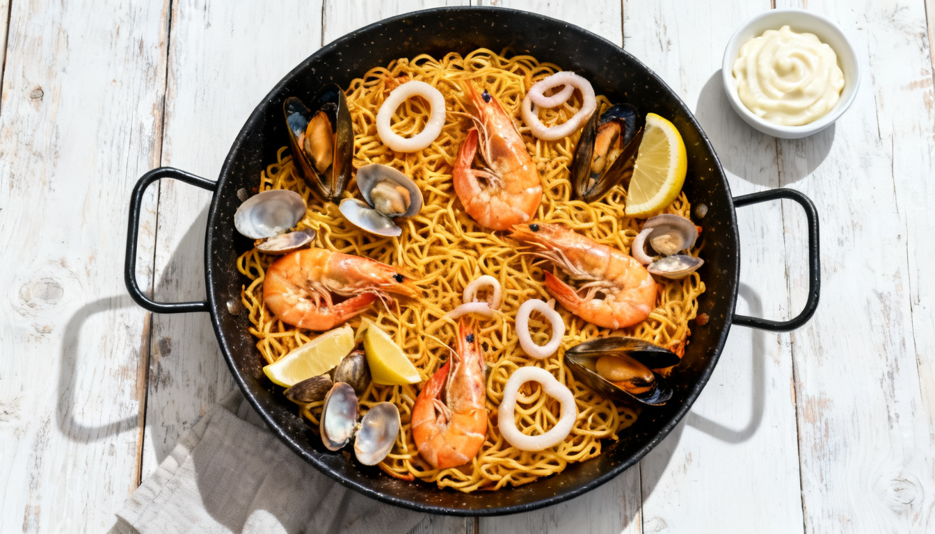 Fideuà de marisc amb gambes, musclos i cloïsses
