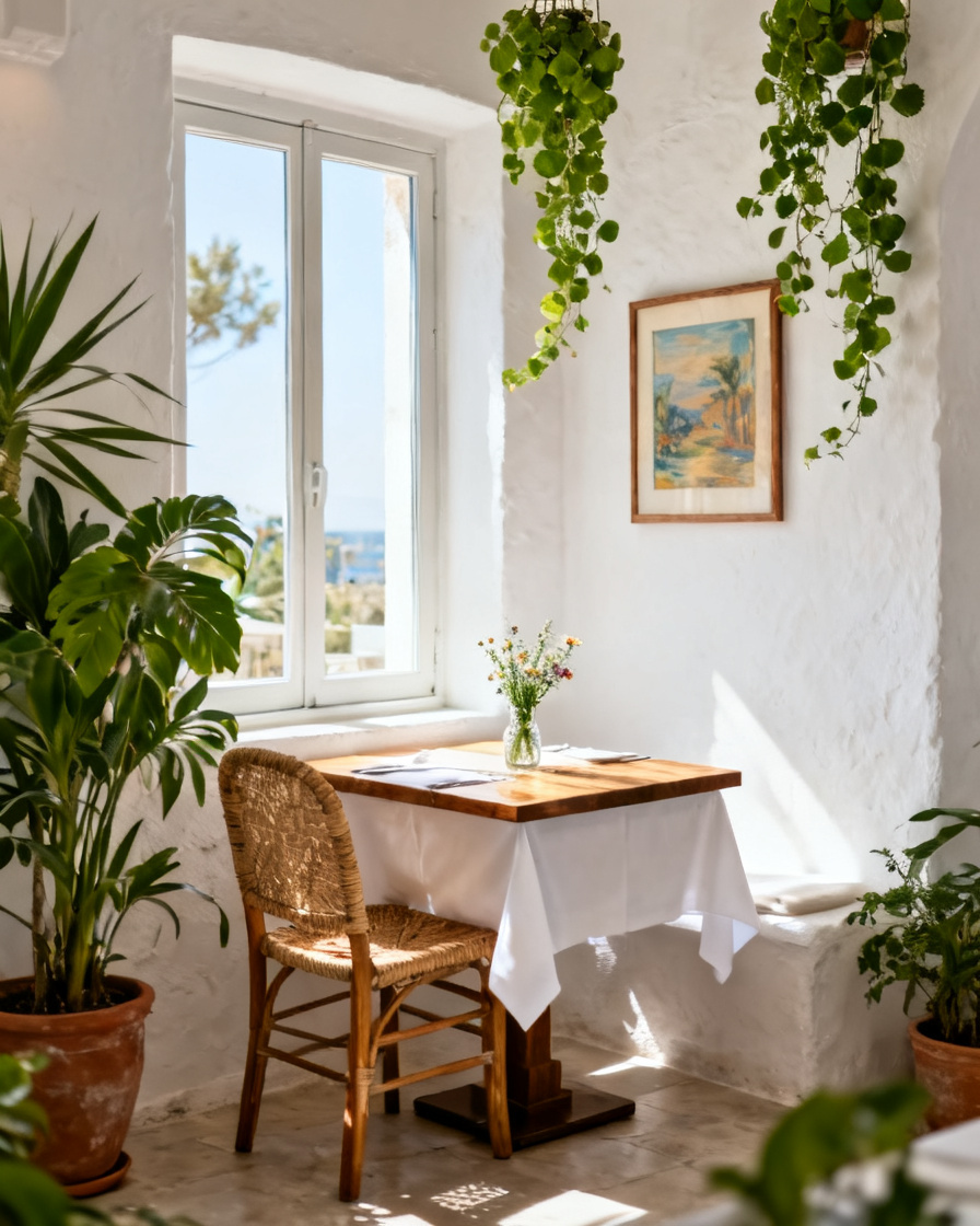 Racó interior del restaurant Mar Salada amb plantes i llum natural